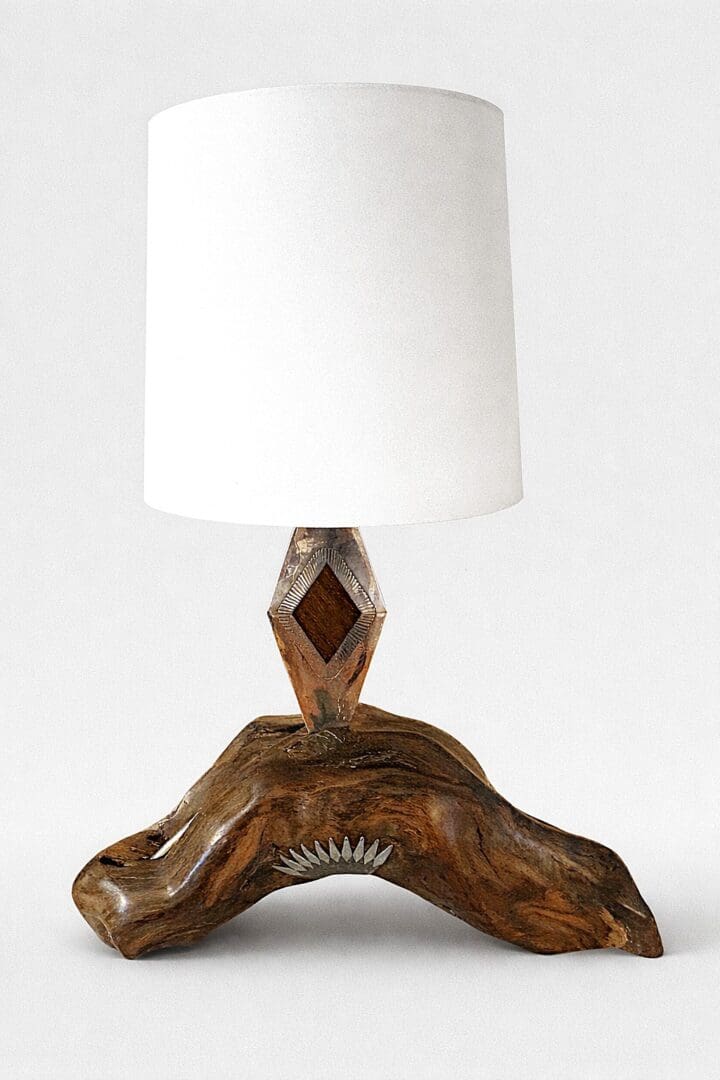 Rustic lamp with wooden base and shade.