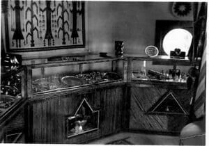 Art Deco interior with display cabinets.