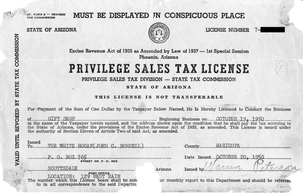 Arizona Privilege Sales Tax License Document.
