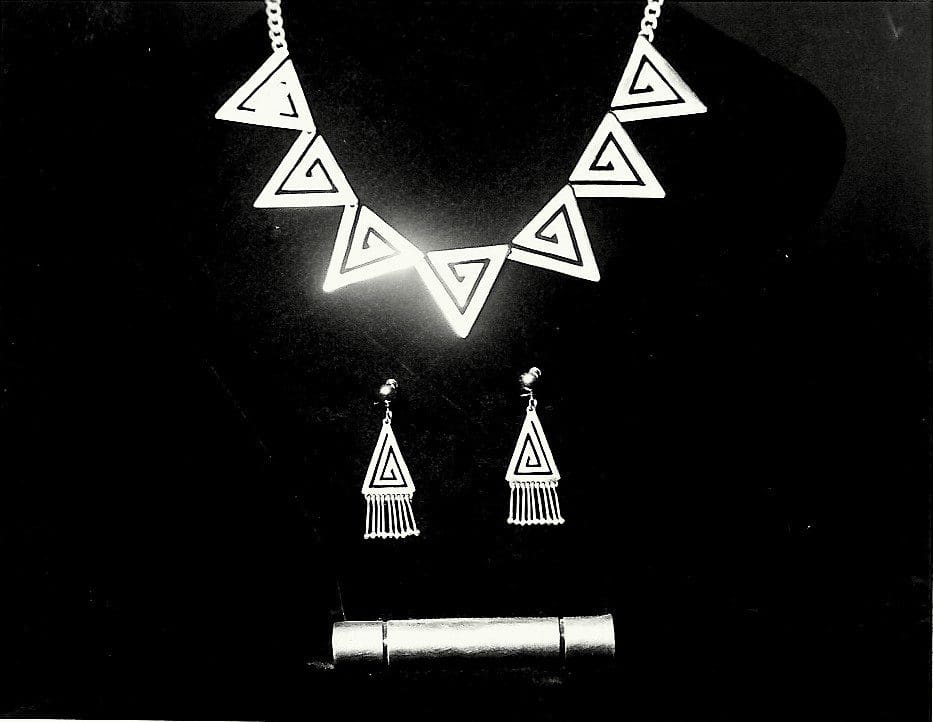 Geometric triangle necklace and earring set.