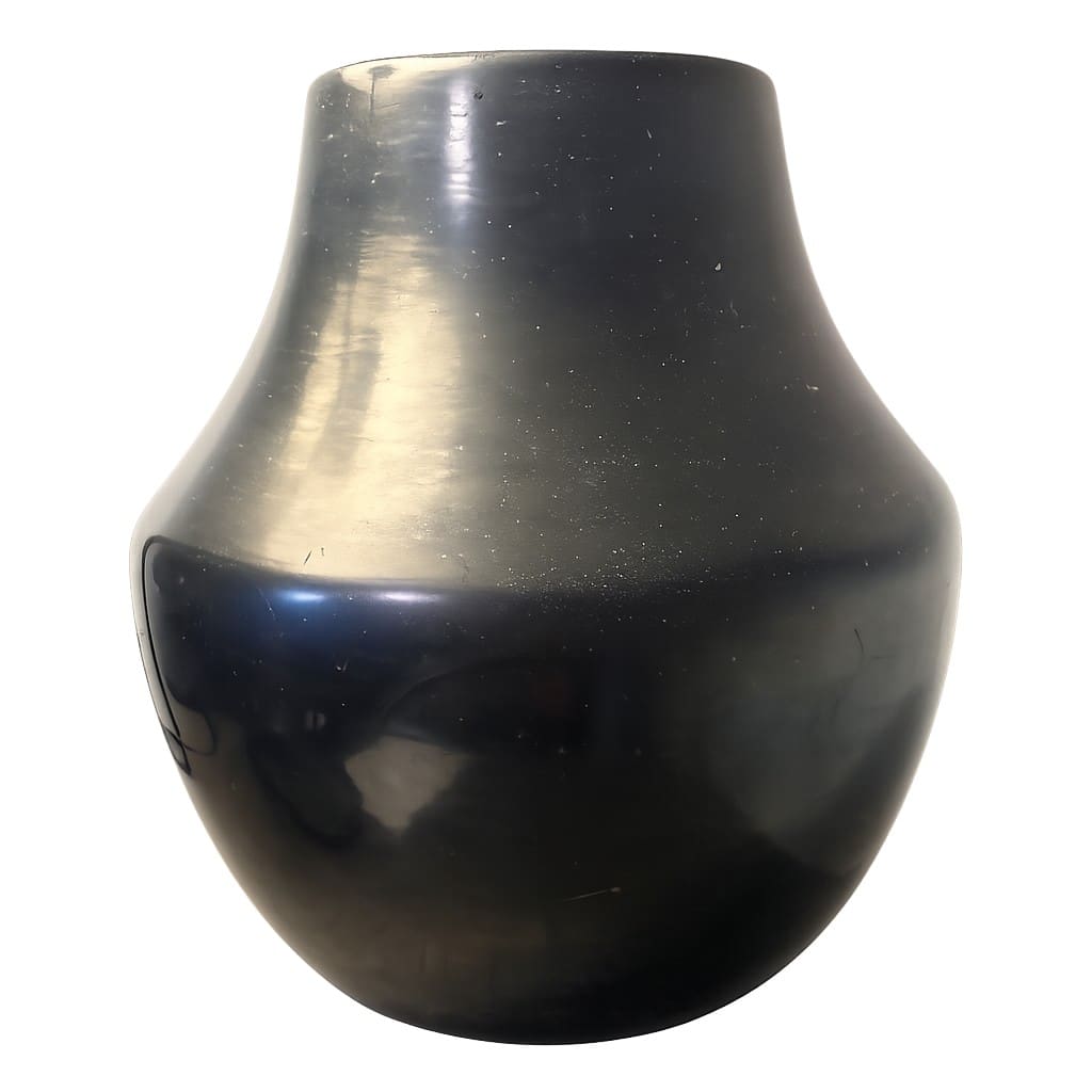 Shiny black ceramic vase with rounded shape.