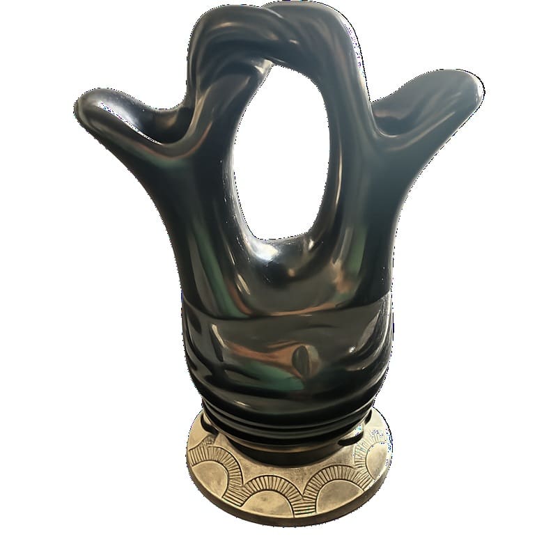 Black sculptural ceramic vase with handles